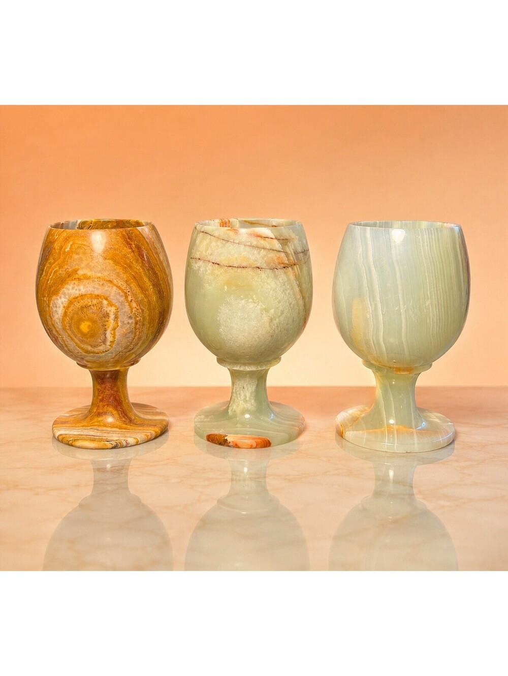 Pakistan Vintage 1980s 3 Onyx Goblets, 2.5x5” ONE REPAIRED